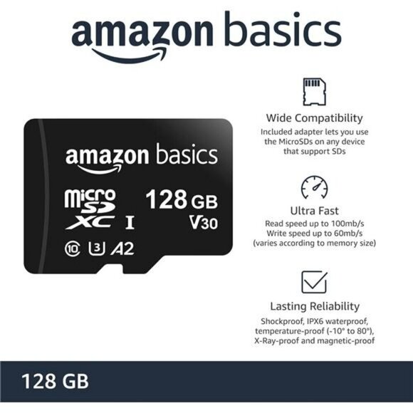 Micro SDXC Memory Card with Full Size Adapter A2, U3, Read Speed 128 GB Black - Picture 2 of 7